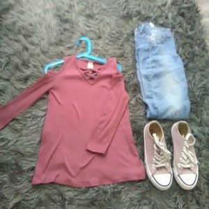 Long Sleeve Lace Up V Neck Peek-a-boo Shirt